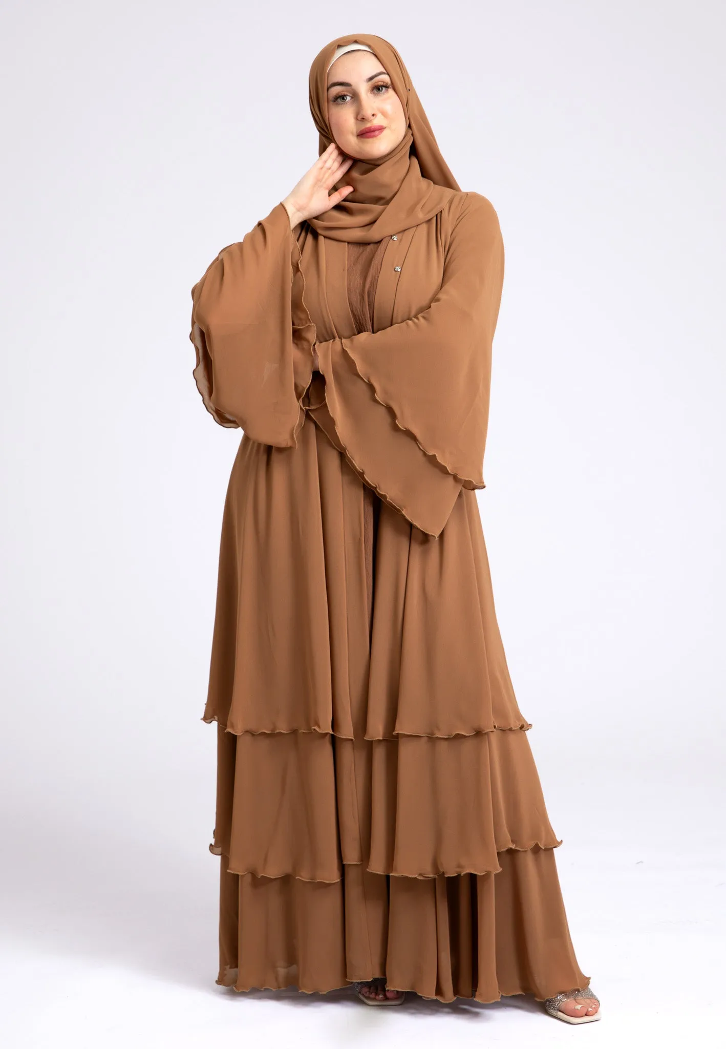 Luxury Tan 3 Layered Open Abaya with Inner Dress
