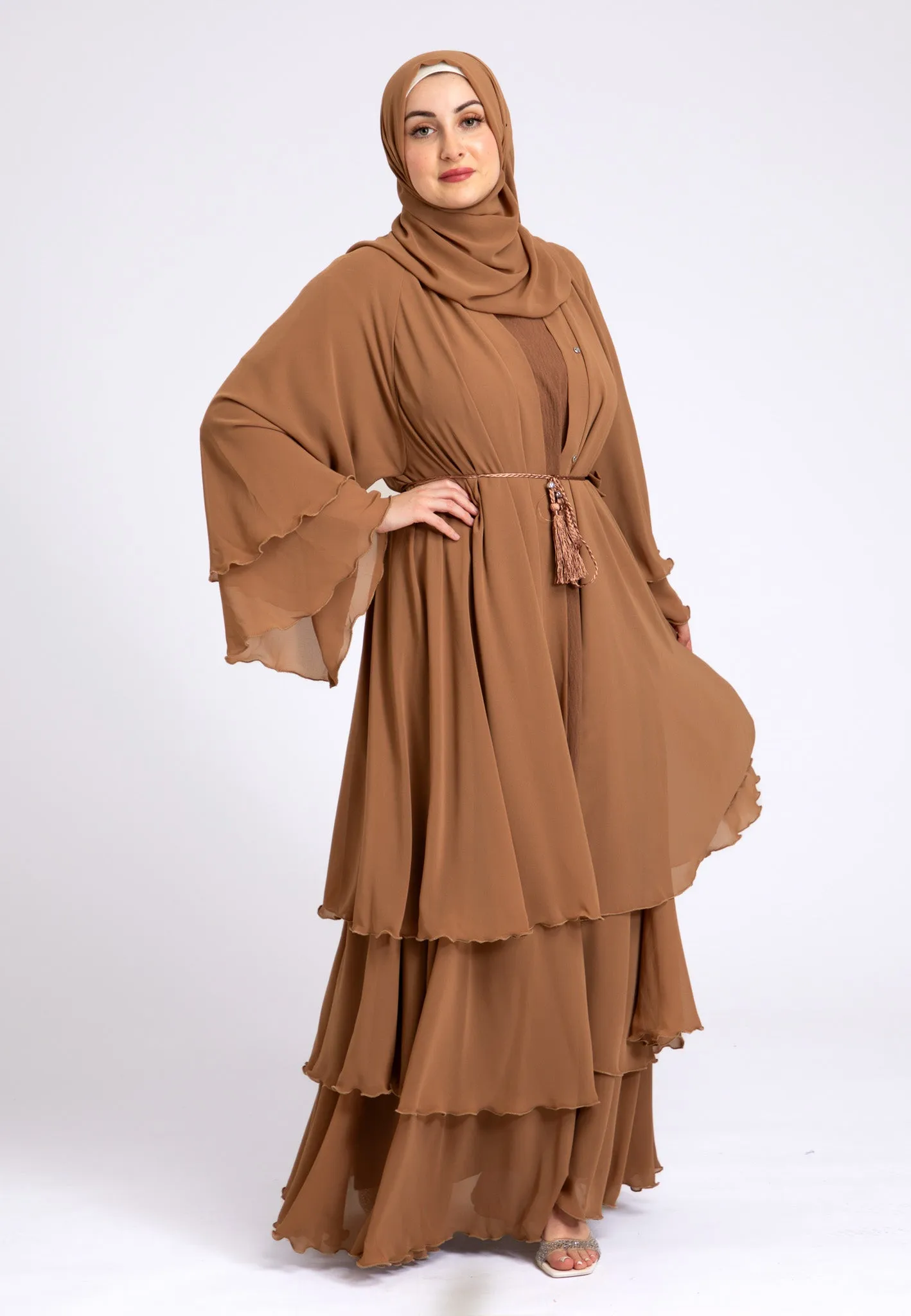 Luxury Tan 3 Layered Open Abaya with Inner Dress