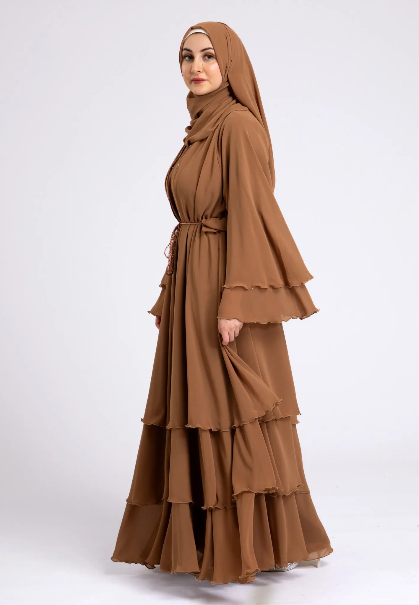 Luxury Tan 3 Layered Open Abaya with Inner Dress