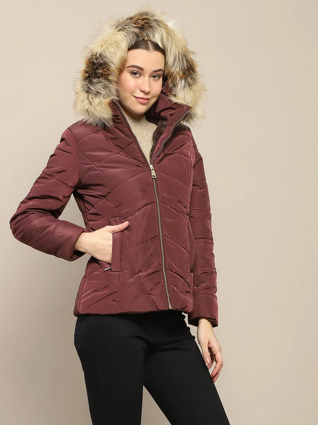 Madame Hooded Wine Red Quilted Jacket