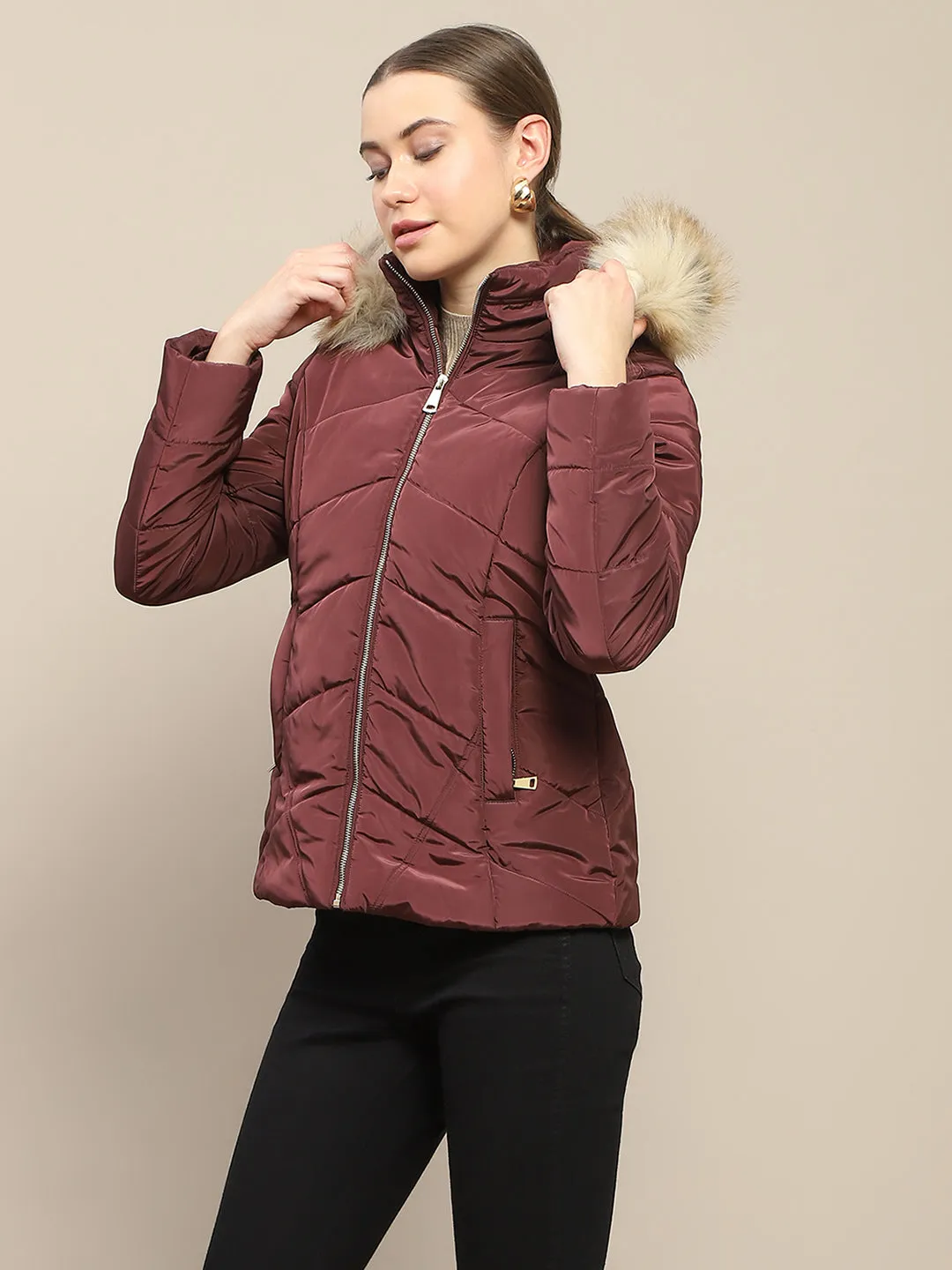 Madame Hooded Wine Red Quilted Jacket