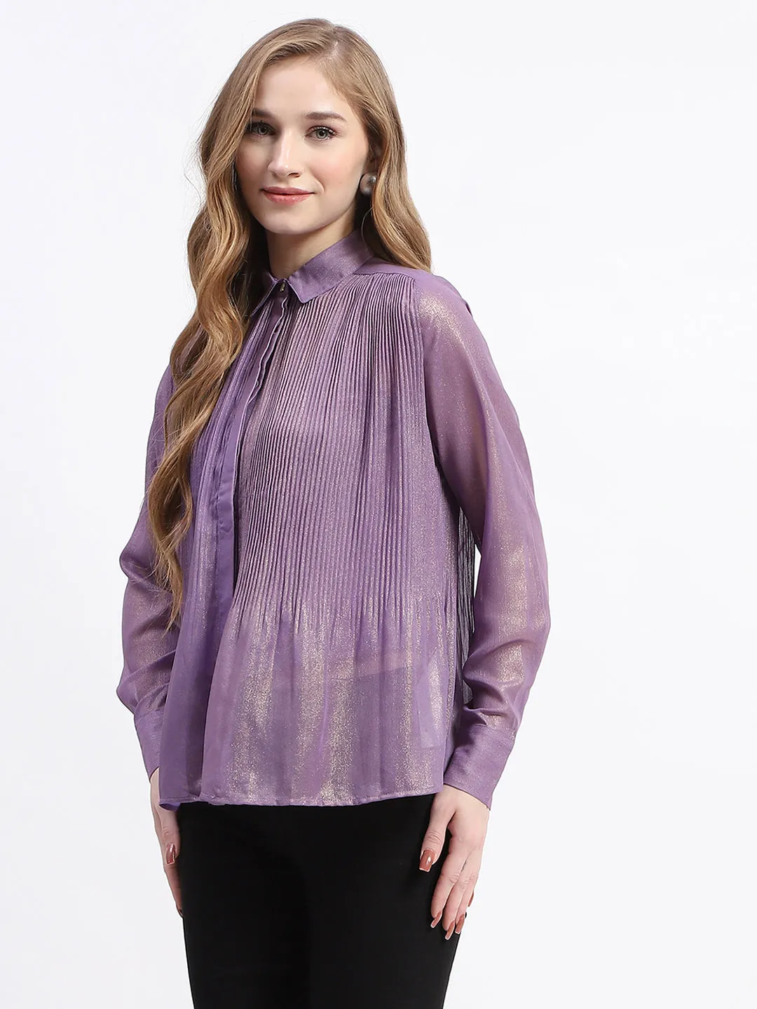 Madame Shimmer Pleated Hem Sheer Lilac Shirt