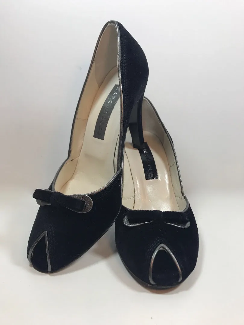 MARC JACOBS Black Velvet Peep Toe Heels with Bow and Silver Detailing Size 8 1/2