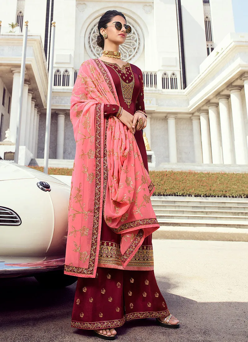Maroon And Pink Embroidered Palazzo Suit