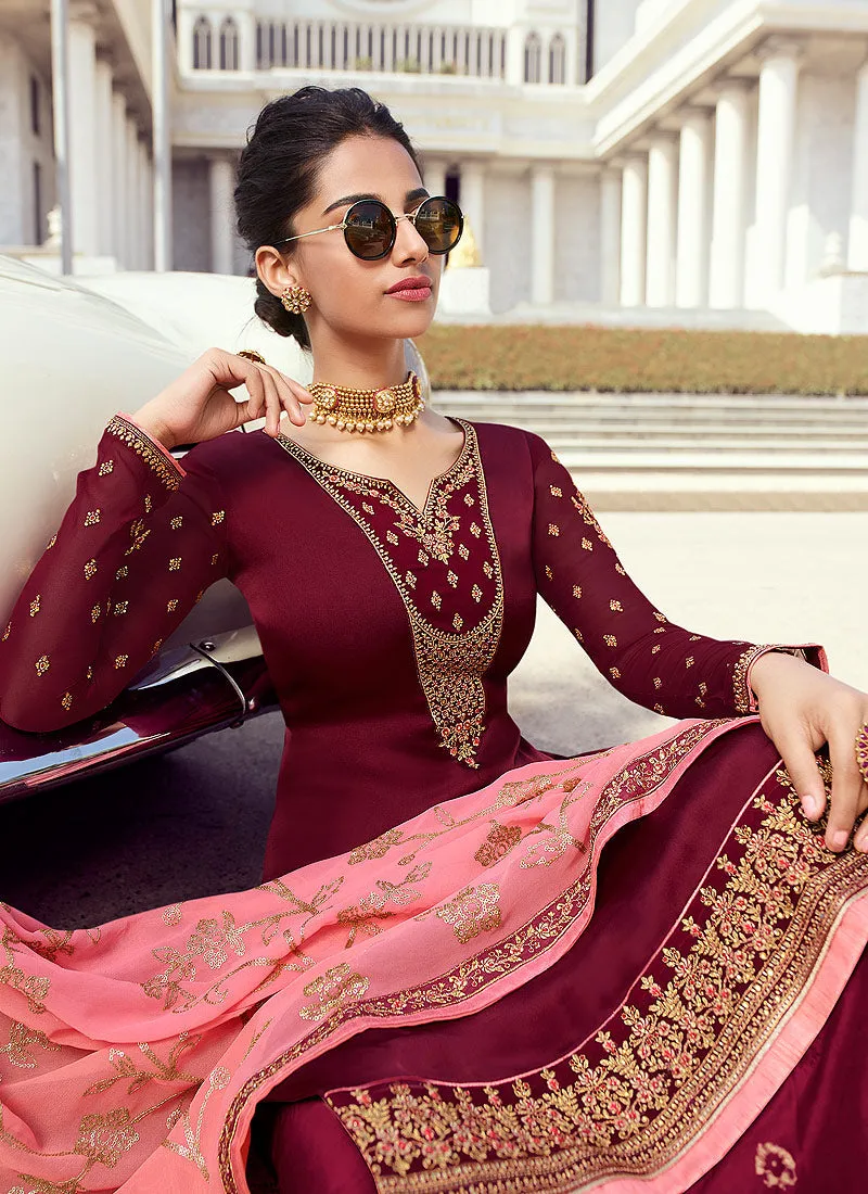 Maroon And Pink Embroidered Palazzo Suit