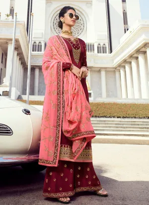 Maroon And Pink Embroidered Palazzo Suit