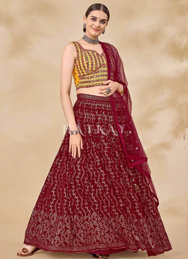Maroon Golden Mirror And Sequence Embroidered Lehenga Choli