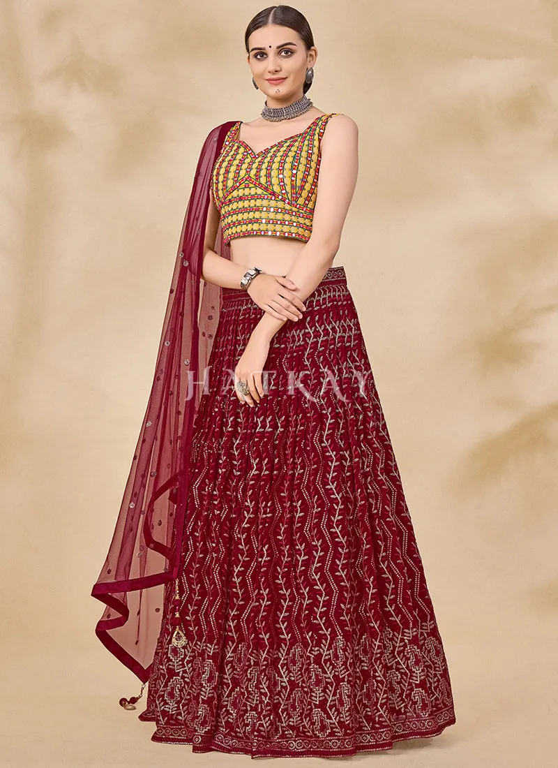 Maroon Golden Mirror And Sequence Embroidered Lehenga Choli