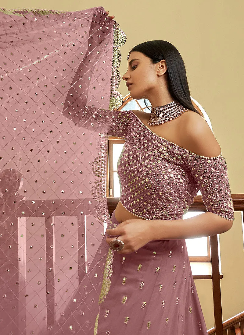 Mauve Foil Mirror Embroidered Indian Wedding Lehenga