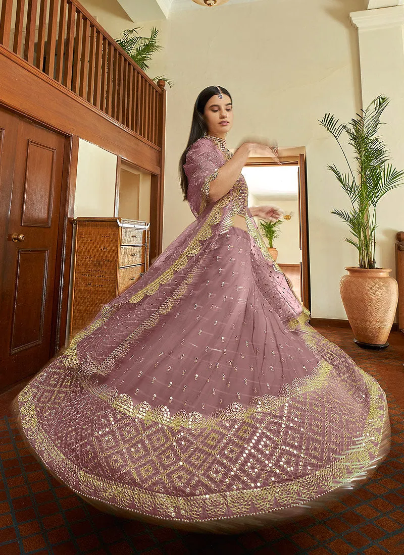 Mauve Foil Mirror Embroidered Indian Wedding Lehenga