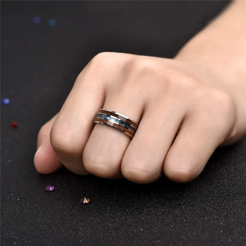 Men & Women Rings Stainless Steel Wood Grain Fashion Jewelry