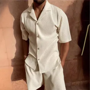 Men’s Corduroy Casual Polo Shirt & Shorts Set – Solid Color Sportswear Outfit