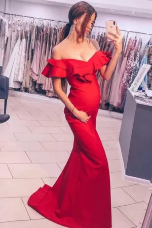 Mermaid Off-the-Shoulder Sweep Train Red Prom Dress with Ruffles LPD095