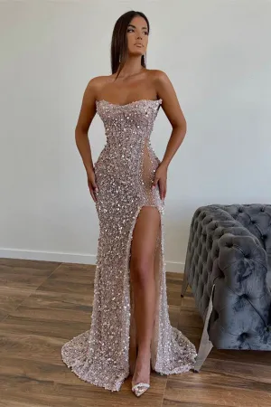 Modern Sequined Long Strapless A-line Evening Prom Dresses with Front Slit