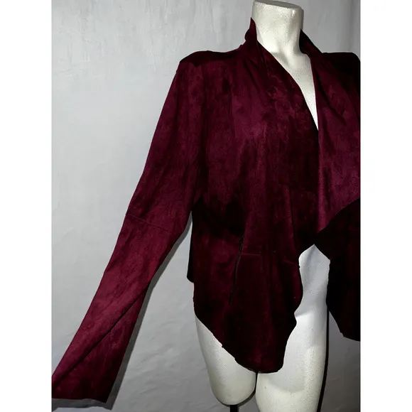 New BAGATELLE 1X Wine Faux Leather Drape Collar Asymmetrical Open Moto Jacket