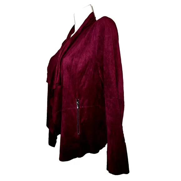 New BAGATELLE 1X Wine Faux Leather Drape Collar Asymmetrical Open Moto Jacket