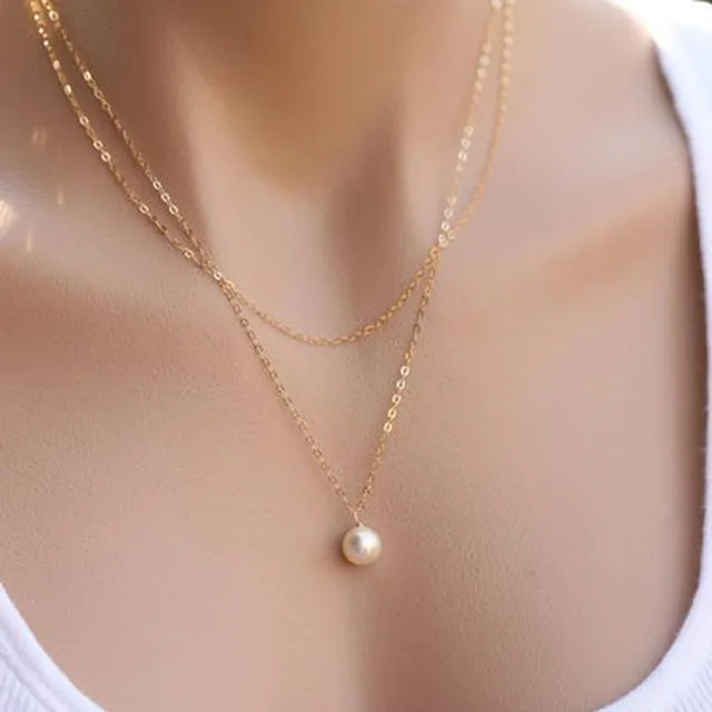 New Design High Quality fashion double chain simulated pearl necklace V necklaces Gold And Silver Color for bridesmaid gifts