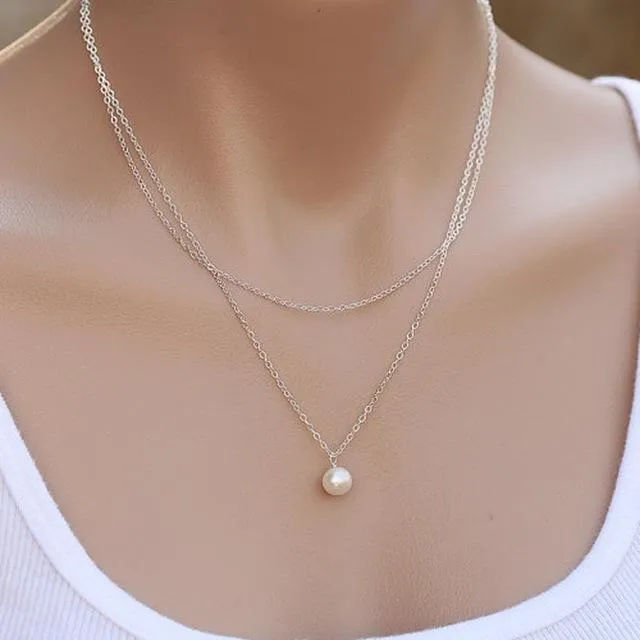New Design High Quality fashion double chain simulated pearl necklace V necklaces Gold And Silver Color for bridesmaid gifts