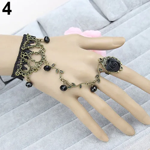 Newest Retro Gothic Women Lace Flower Hand Slave Harness Bracelet Chain Jewelry
