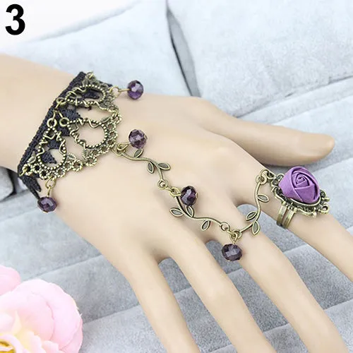 Newest Retro Gothic Women Lace Flower Hand Slave Harness Bracelet Chain Jewelry