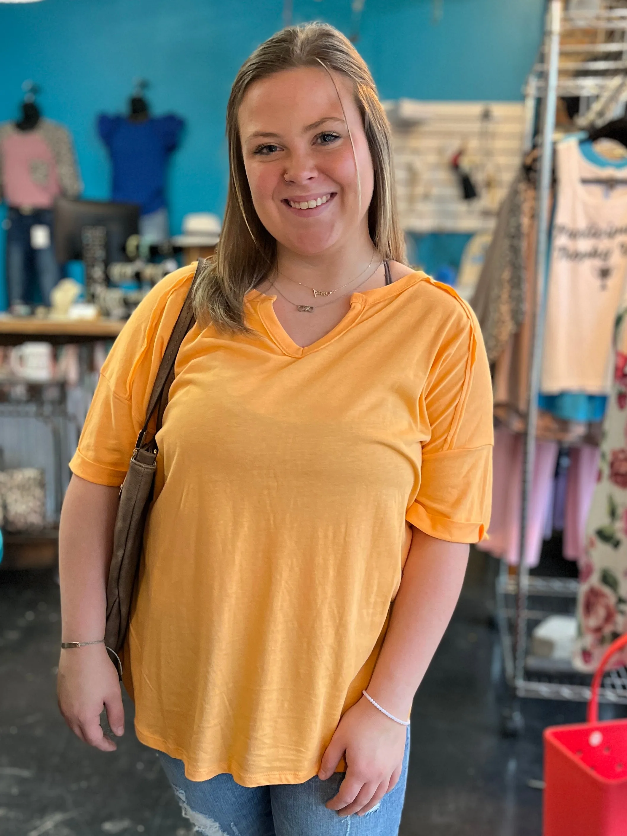 Notched Neck rolled Up Sleeve Top