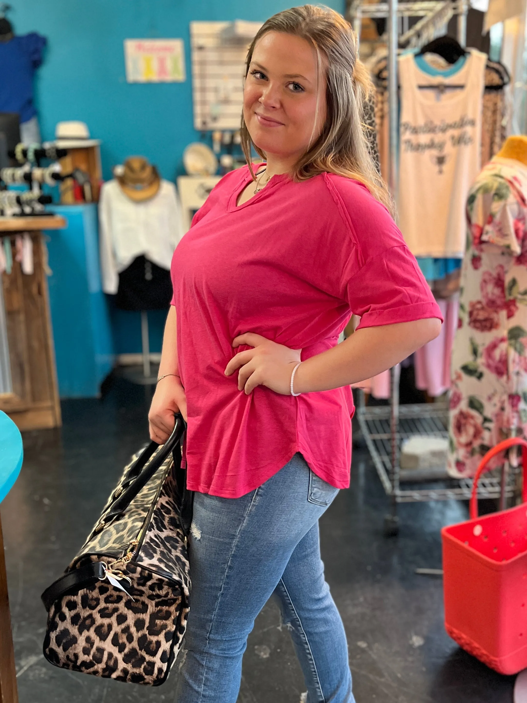 Notched Neck rolled Up Sleeve Top