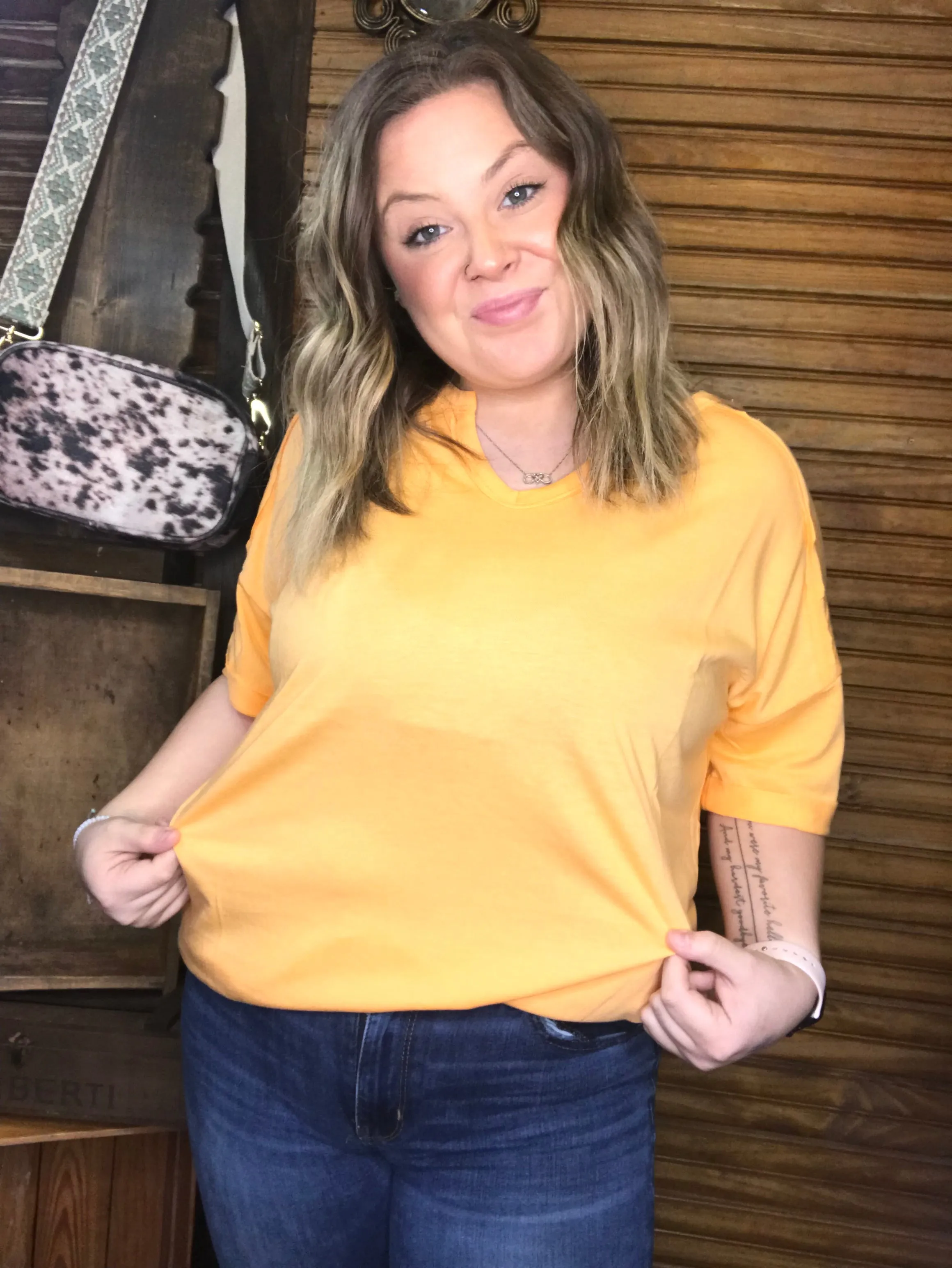 Notched Neck rolled Up Sleeve Top