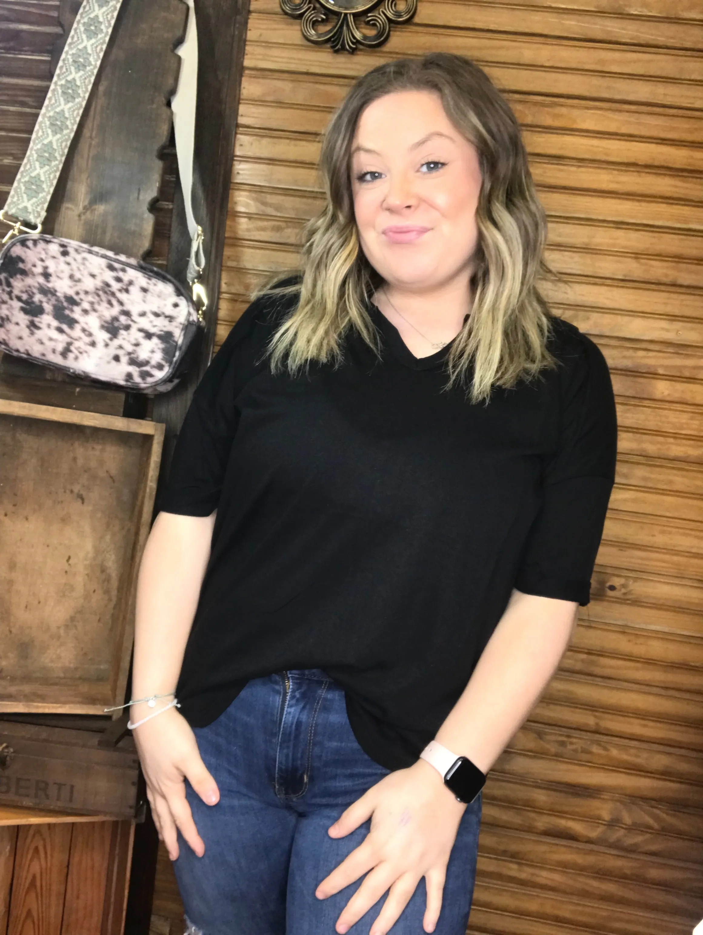 Notched Neck rolled Up Sleeve Top