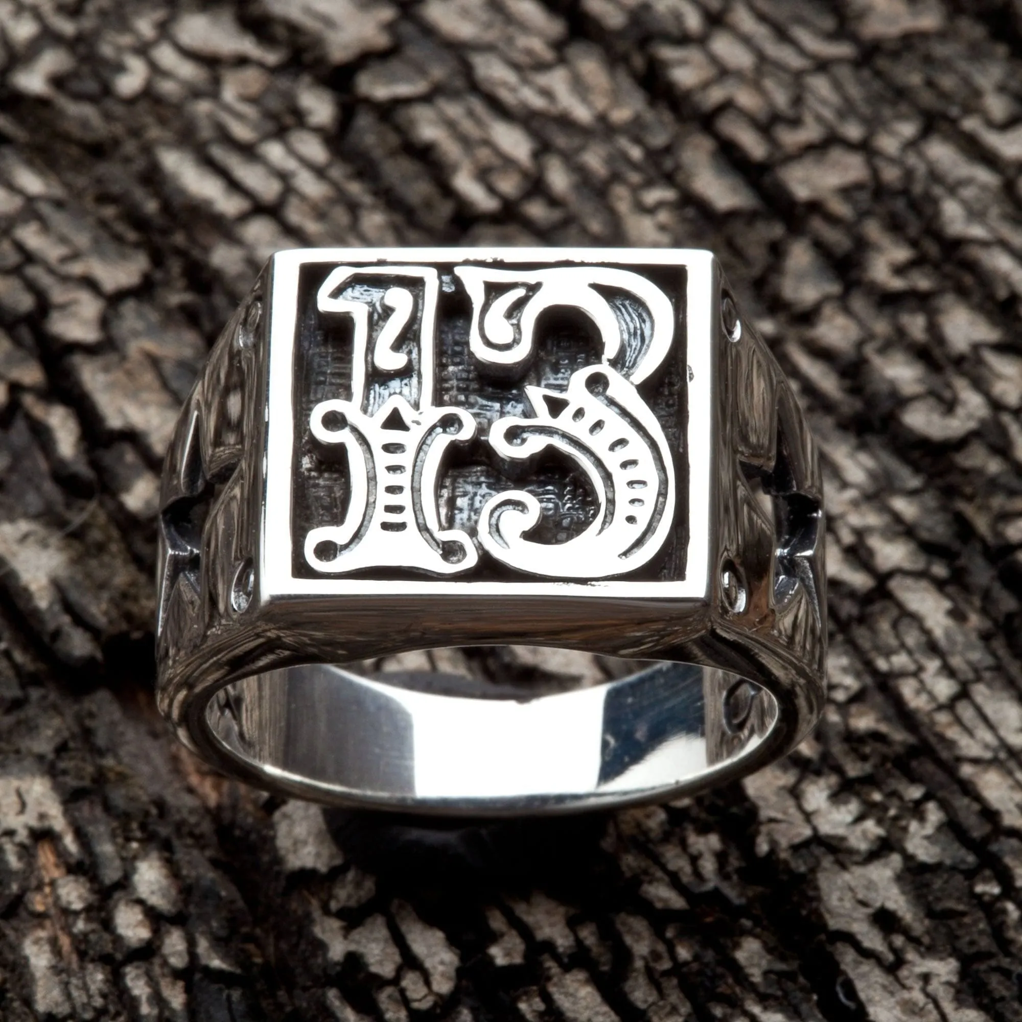 Number 13 Sterling Silver Biker Ring