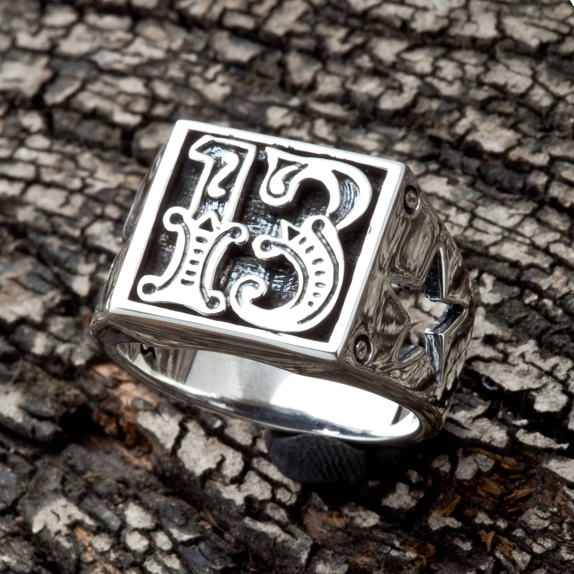 Number 13 Sterling Silver Biker Ring
