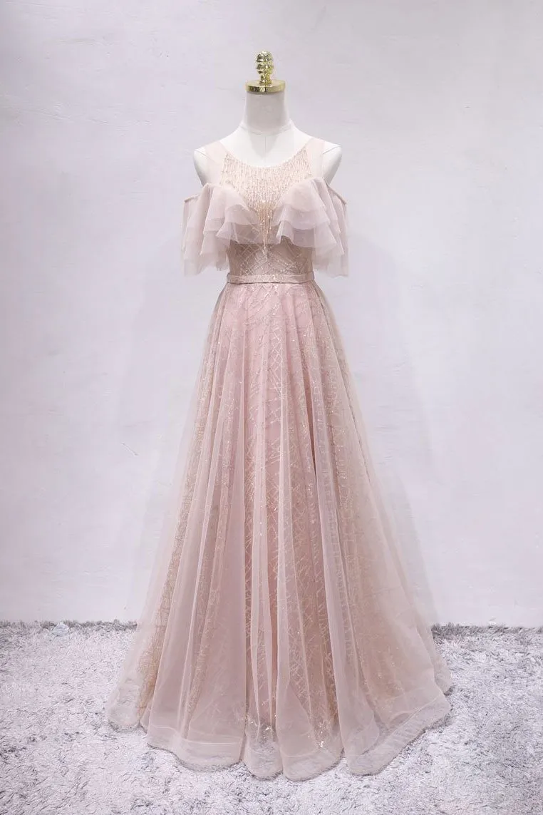 Off the Shoulder Unique Tulle Blush Prom Dress Long A Line Elegant Prom Evening Dress CTB1516