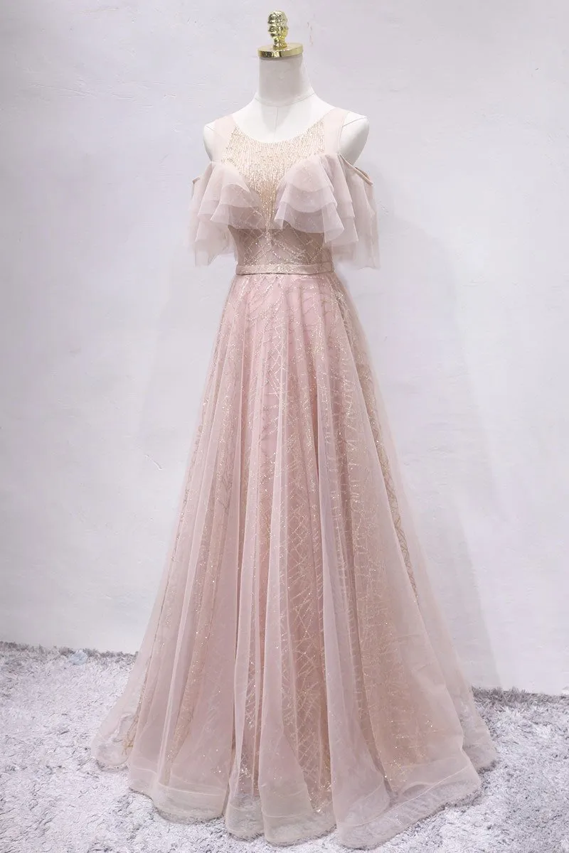 Off the Shoulder Unique Tulle Blush Prom Dress Long A Line Elegant Prom Evening Dress CTB1516