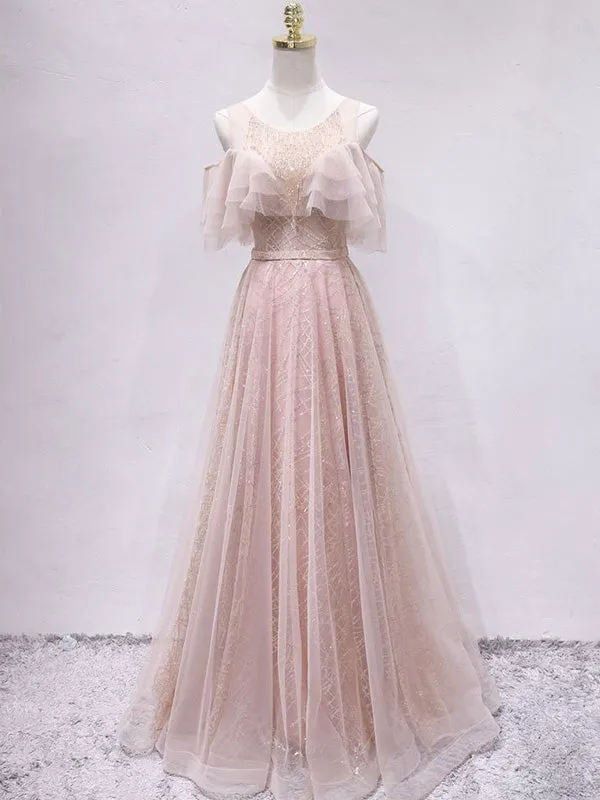 Off the Shoulder Unique Tulle Blush Prom Dress Long A Line Elegant Prom Evening Dress CTB1516