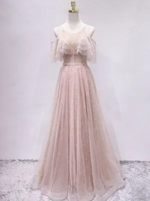 Off the Shoulder Unique Tulle Blush Prom Dress Long A Line Elegant Prom Evening Dress CTB1516