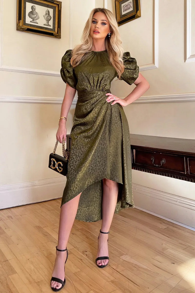Olive Animal Print Puff Sleeve Satin Midi Dress