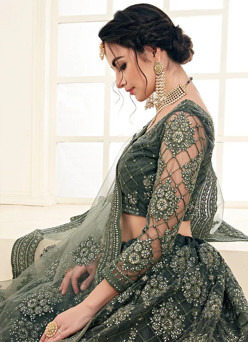 Olive Green Pearl Embroidered Wedding Lehenga Choli