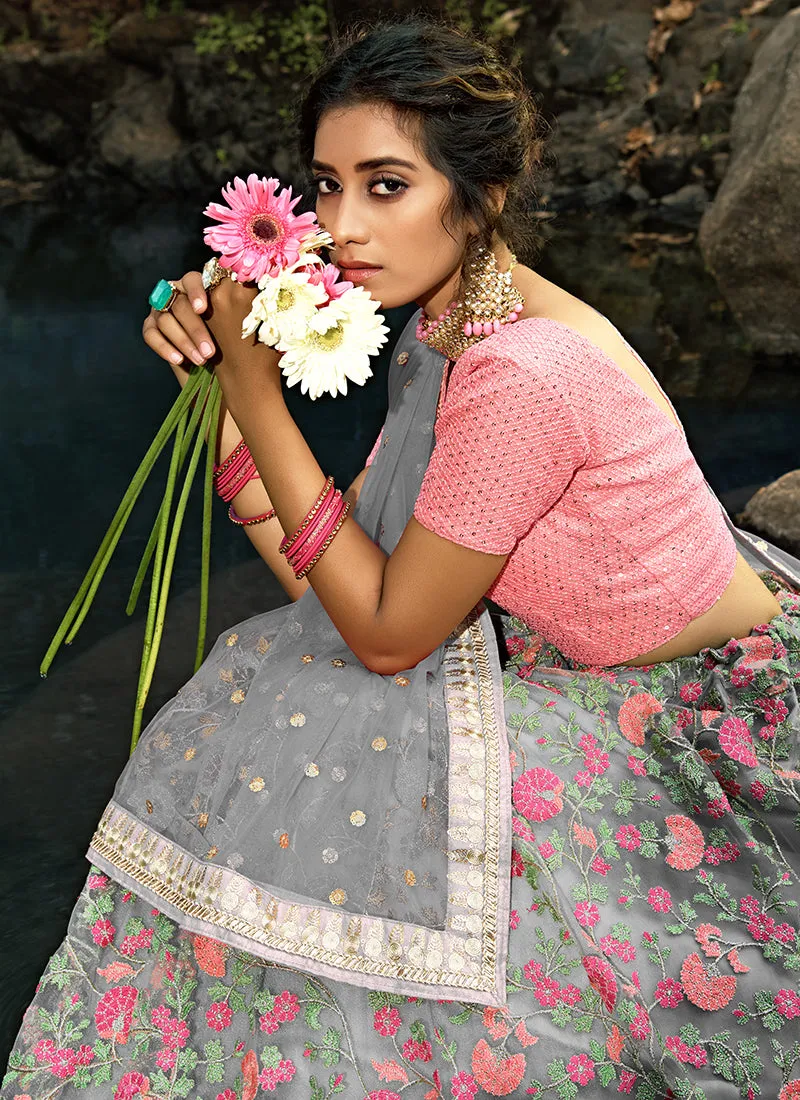 Pale Grey And Pink Floral Designer Embroidery Wedding Lehenga Choli