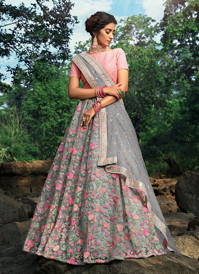 Pale Grey And Pink Floral Designer Embroidery Wedding Lehenga Choli