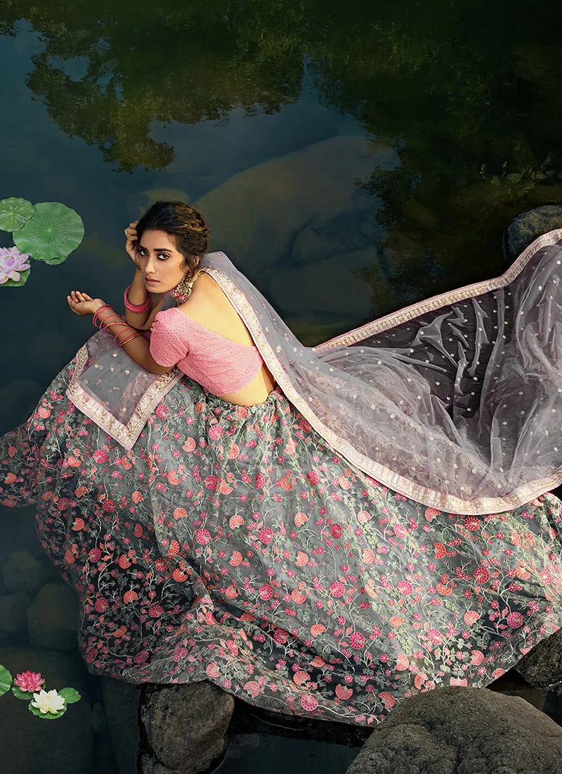 Pale Grey And Pink Floral Designer Embroidery Wedding Lehenga Choli
