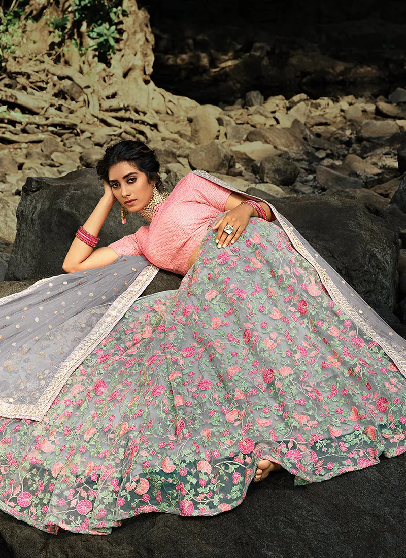 Pale Grey And Pink Floral Designer Embroidery Wedding Lehenga Choli
