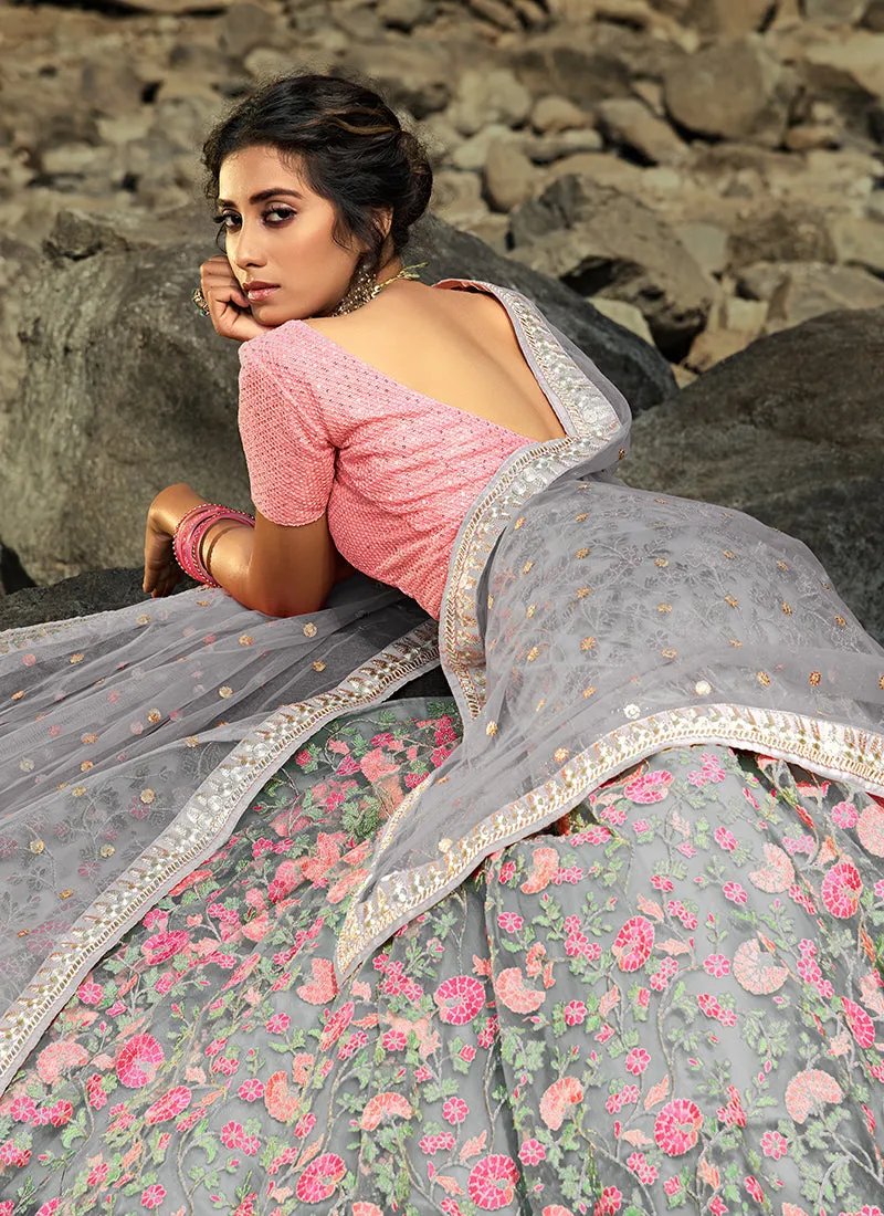Pale Grey And Pink Floral Designer Embroidery Wedding Lehenga Choli