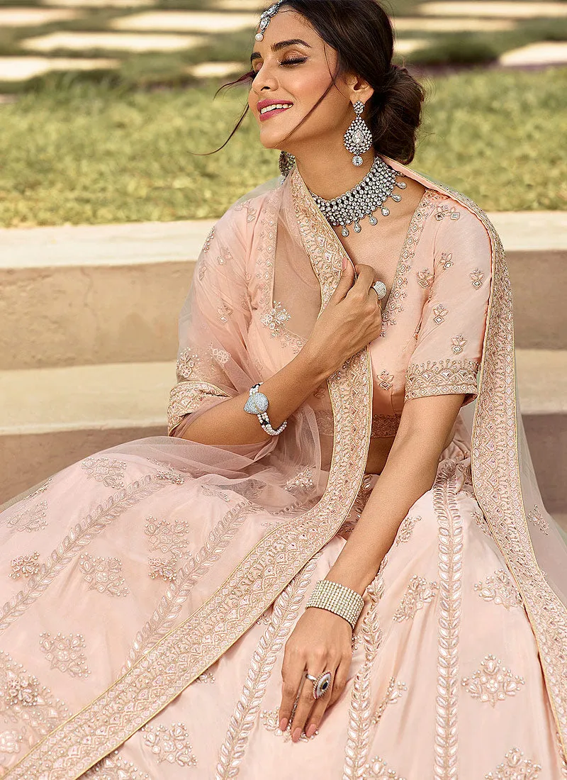 Pastel Pink Golden Zari Embroidered Wedding Lehenga Choli