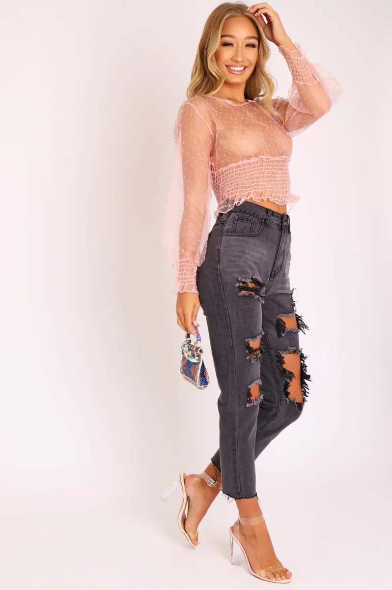 Pink Mesh Swiss Dot Ruched Hem Top - Jozi