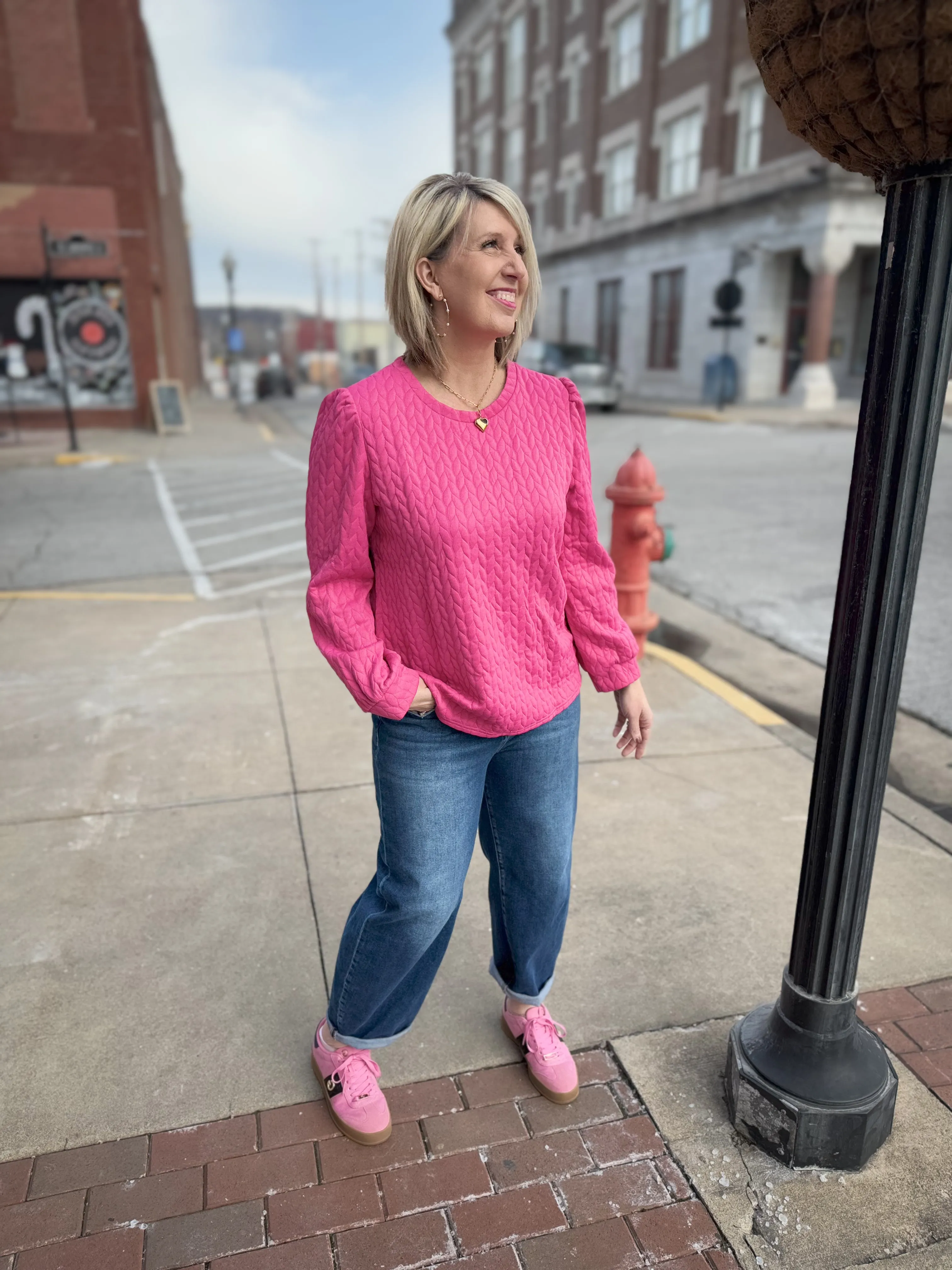 Pink Textured Puff Sleeve Top