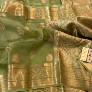 Pista Green Banarasi Semi Kora Organza Saree