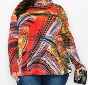 Plus Multi Red Top with Relaxed Cow Neck