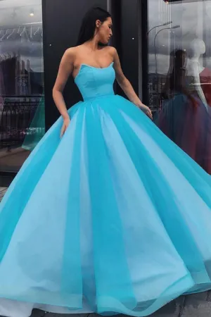 Pretty Ball Gown Blue Tulle Strapless Floor Length Lace Up Sweet Prom Dress OHC412