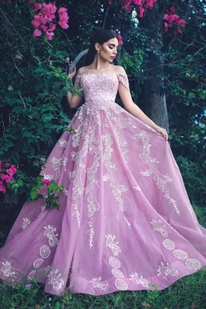 Pretty Pink Tulle Off The Shoulder Sweep Train Short Sleeves Sweet Prom Dress Evening Dress OHC417