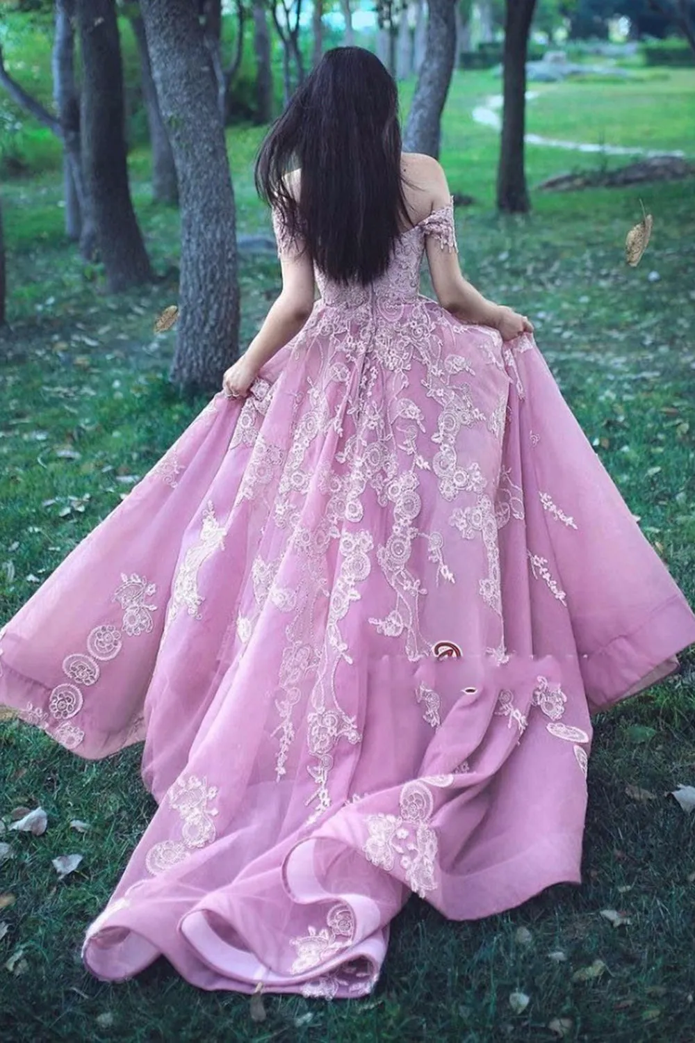Pretty Pink Tulle Off The Shoulder Sweep Train Short Sleeves Sweet Prom Dress Evening Dress OHC417