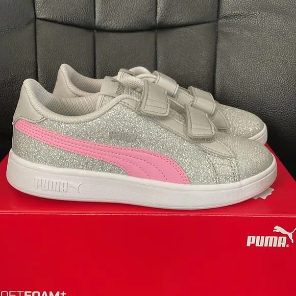 Puma Girl’s Gray Violet &amp; Pink Glitz Glam Smash Sneaker Size 2 New